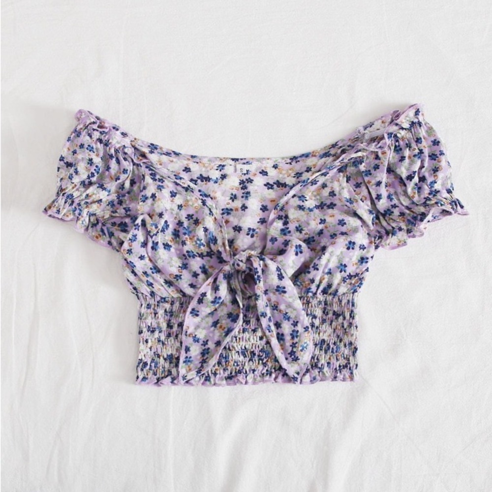 Tie Front Purple Floral Crop Top Size Small